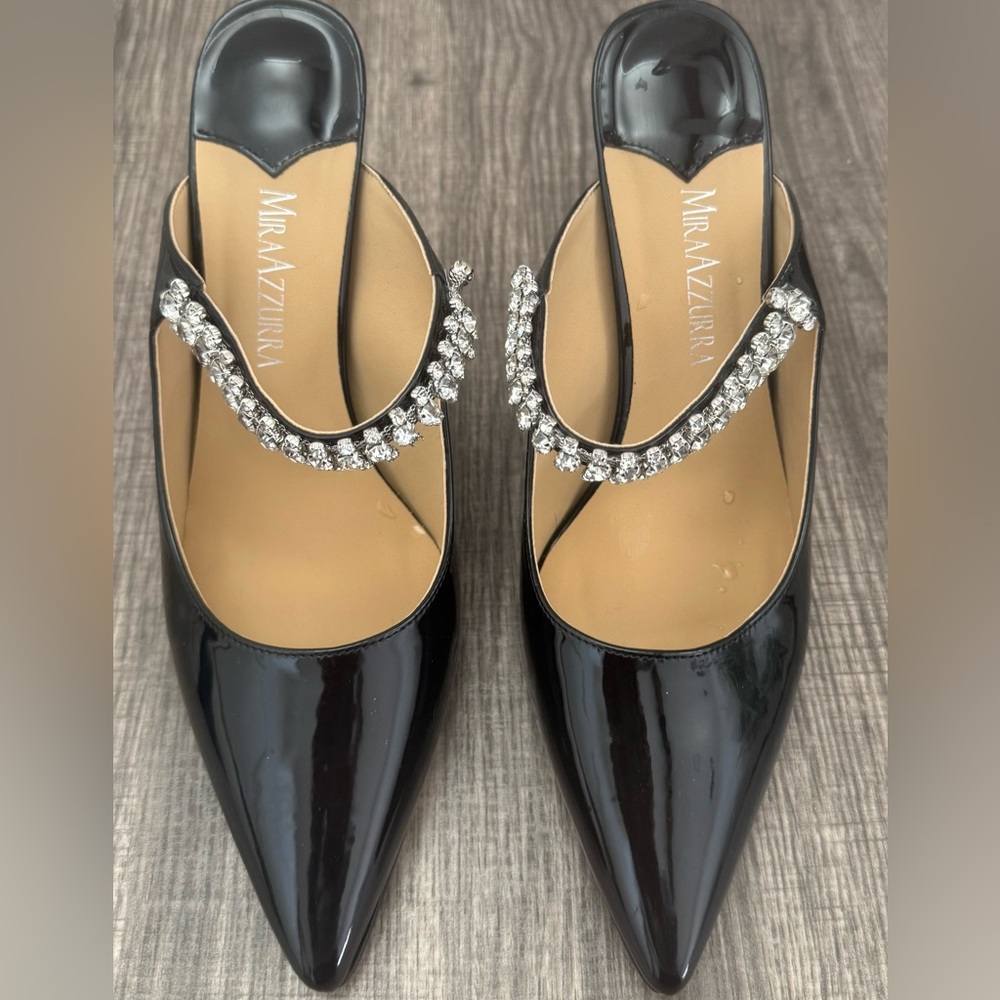 Mira Azzurra Black Stiletto 4” Mule High Heel with Rhinestone Strap